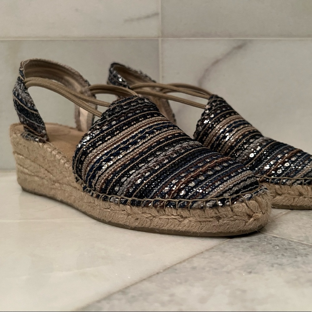 Toni Pons Tania-RK blue/tan/silver striped Espadrille Wedge Womens- 8